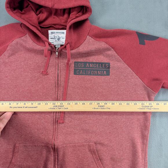 True Religion Full Zip Hoodie Men's 2XL Red Color Block Raglan Distressed Cali - Picture 7 of 11
